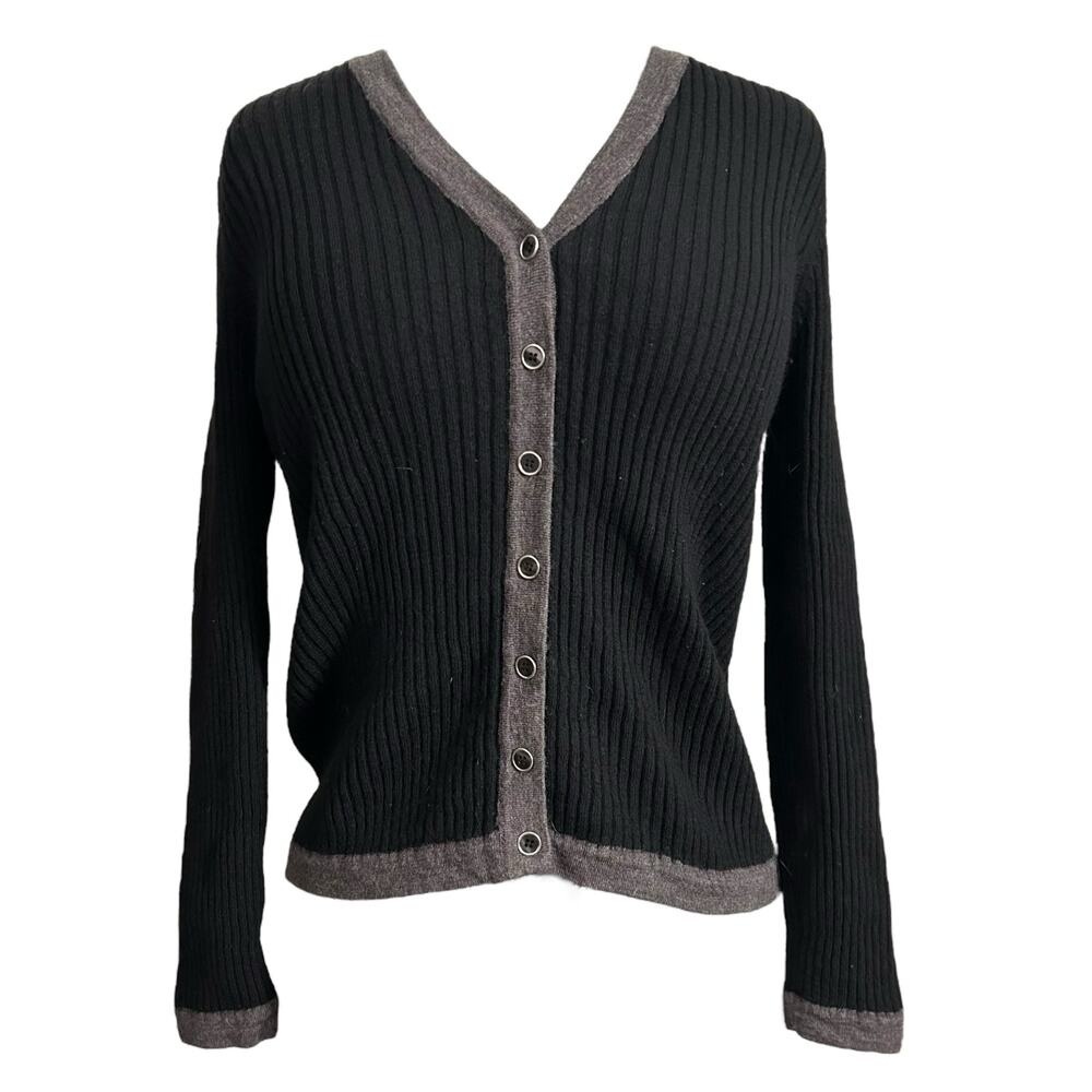Vintage Sarah Spencer Black and Gray 100% Italian Merino Wool Cardigan Size L